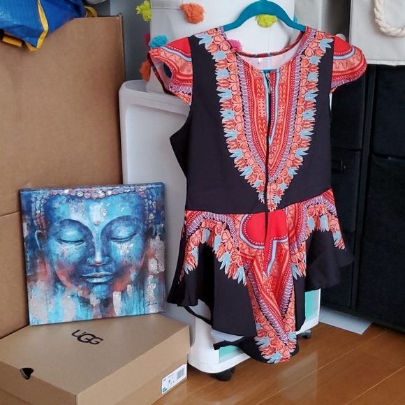 Zipper V Neck Summer Tank Top Women African Print - Picture 2 of 4